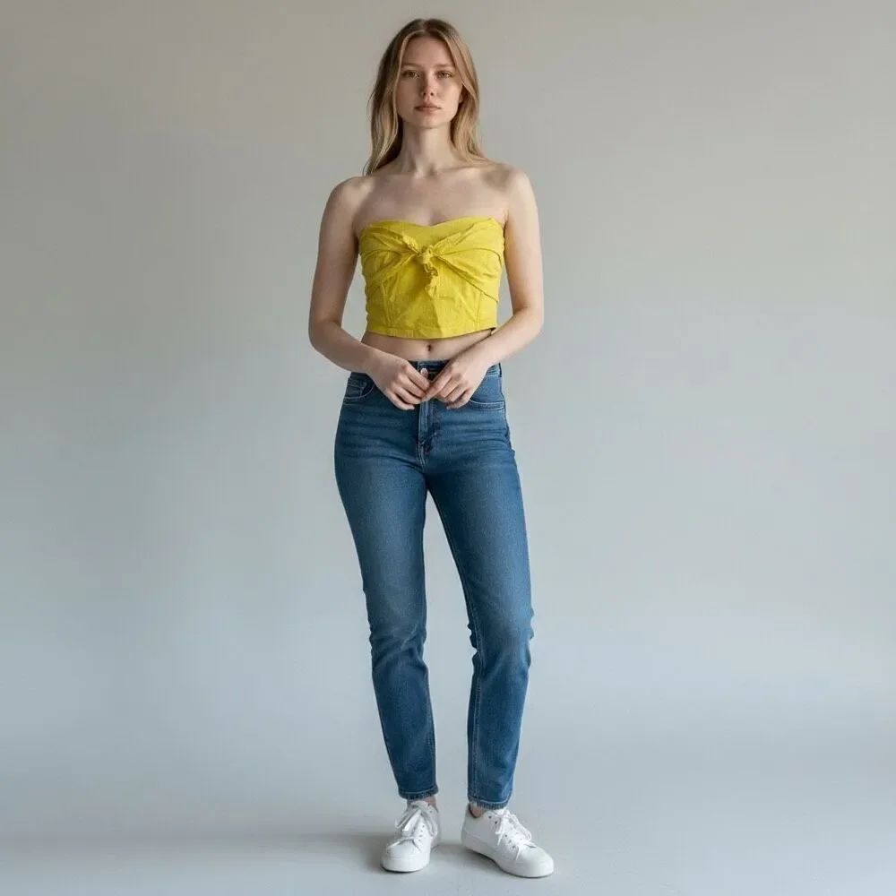 LUSH Solid Yellow Sleeveless Strapless Crop Stop Bow Tie Front Cotton size M